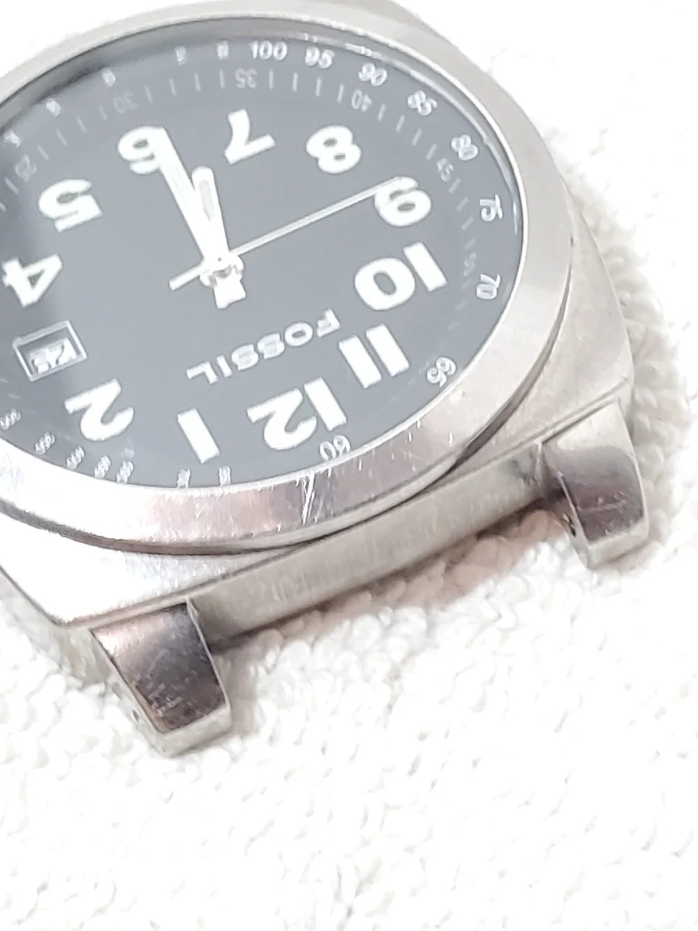Vintage Fossil Men's Date Stainless Steel Quartz Watch Black Dial One Jewel
